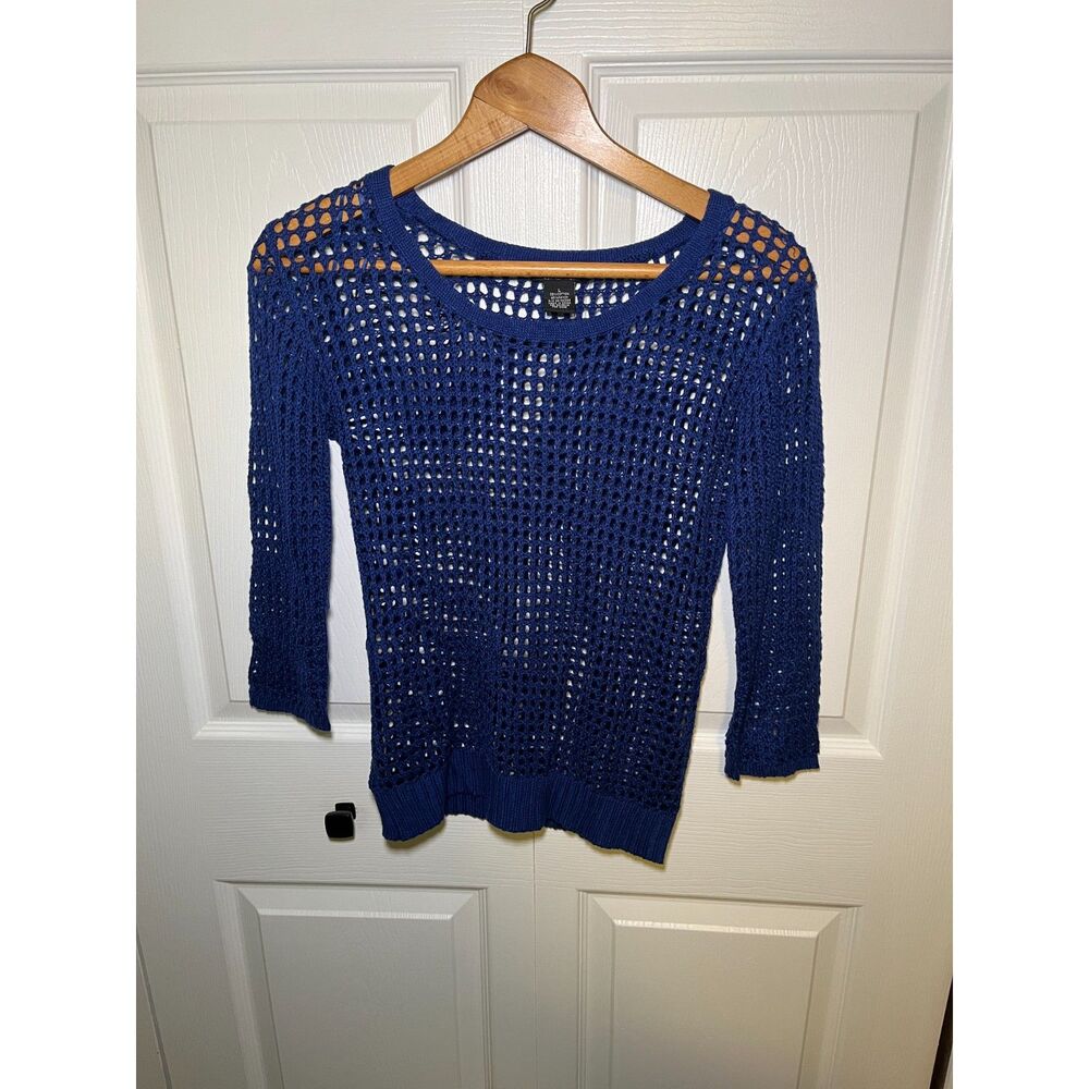 Deb Womens Blue Open Knit Crochet Sweater Size Large Boho Beach Coverup